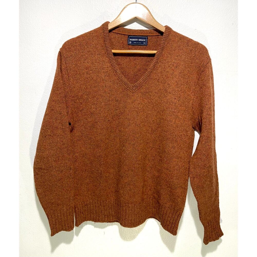 Robert Bruce wool sweater VTG USA made orange Vneck business casual winter men M